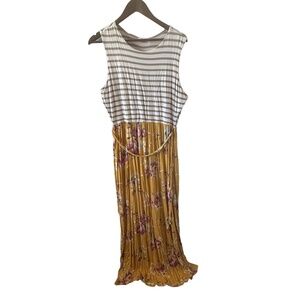 LUX CO Dress Womens Maxi Yellow Sleeveless Striped Floral Belted Chic Boho
